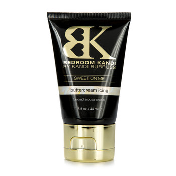 A black and gold 1.5 fluid ounce tube of Sweet On Me flavored arousal cream. The tube has a gold cap and the label has a cream-colored stripe that lists the flavor as "buttercream icing."